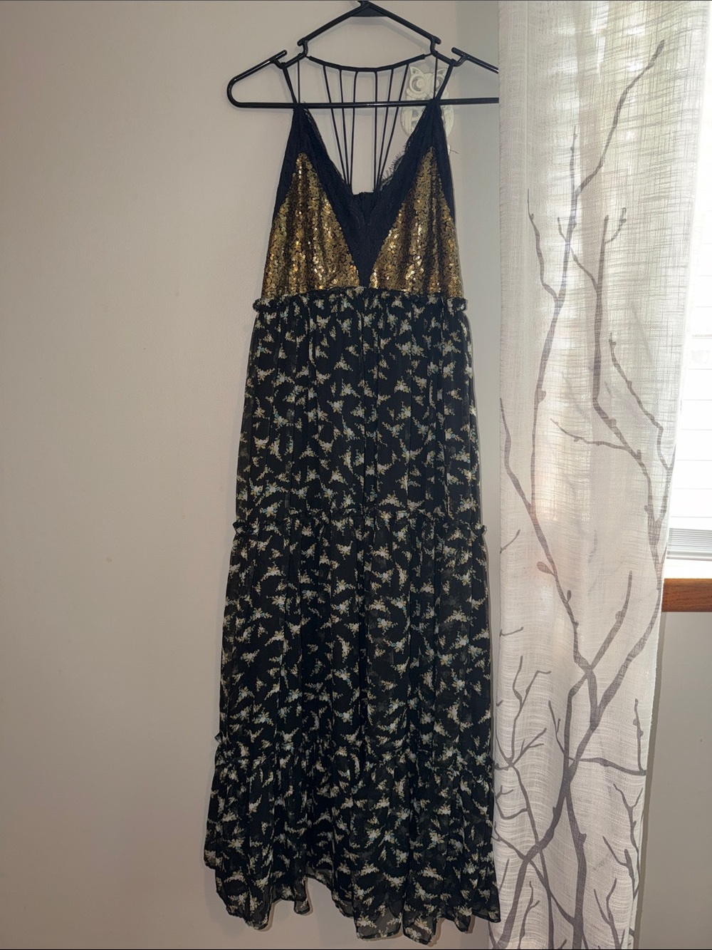 Ranna Gill Black Maxi Dress with Gold Sequin Bodice and Printed Tiered Skirt